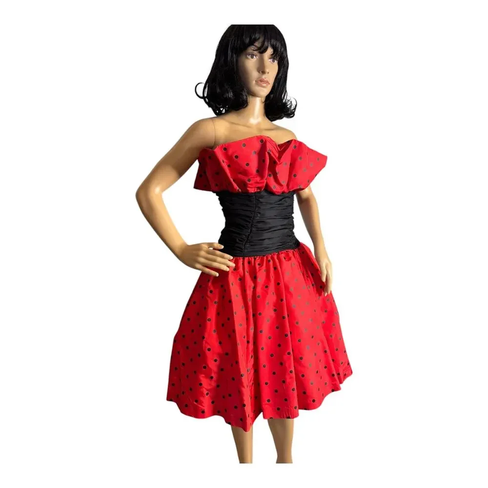 1980s Vintage Red Black Polka Dot Strapless Party Dress XS